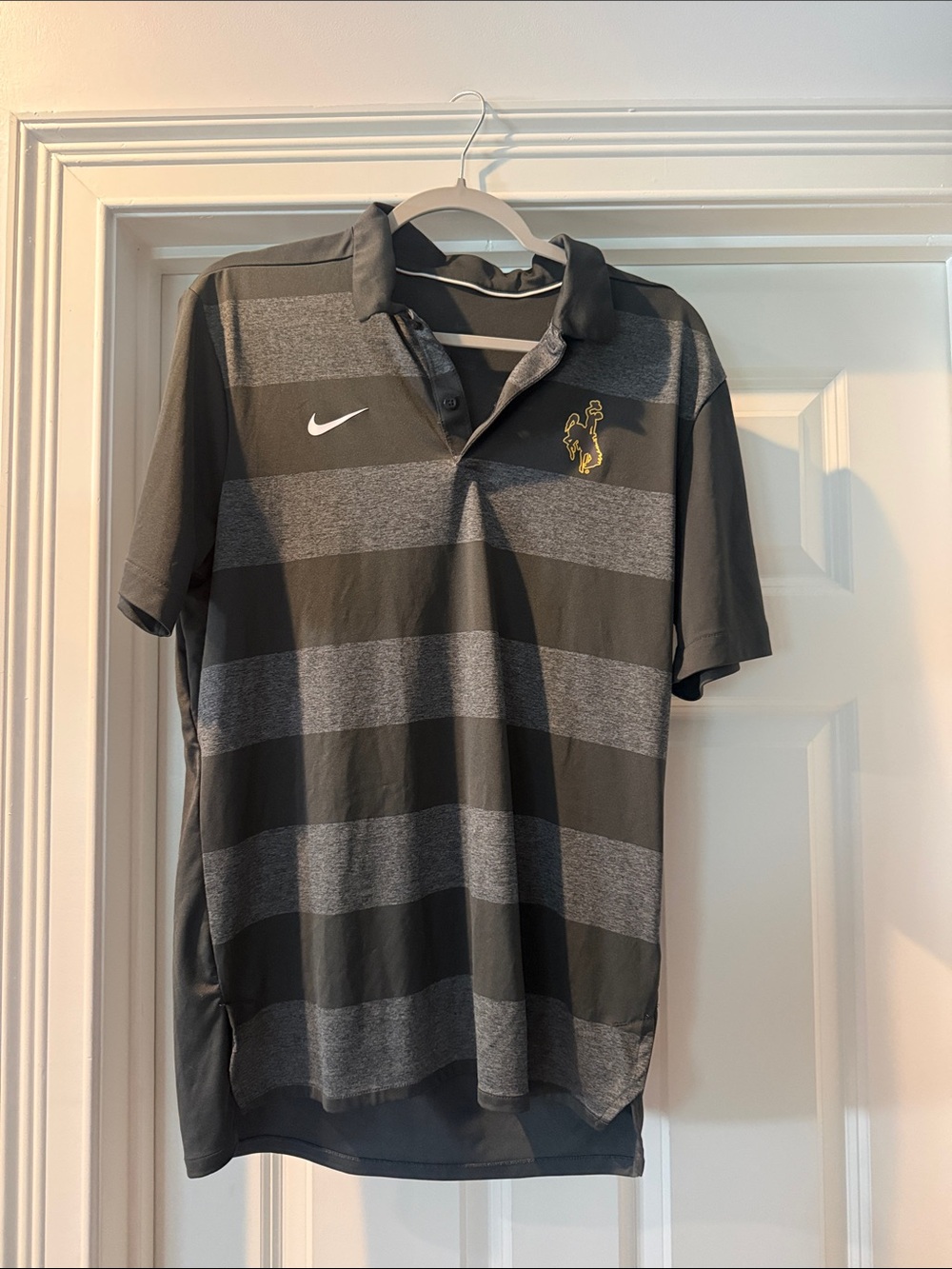 Nike Men’s Charcoal and Heather Gray Striped Polo with Yellow Logo